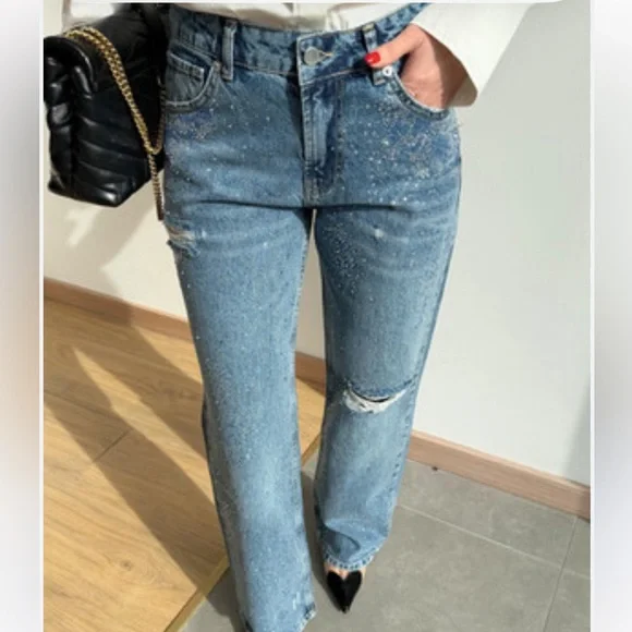 Zara NWT ripped wide leg rhinestone sequin jeans 6688/211 - Picture 4 of 9